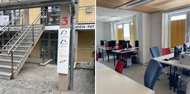 Außenstelle in 86899 Landsberg, Saarburgstraße 3 Auf zwei Fotos ist links der Eingang zum bfz Außenstelle Landsberg und rechts ein Schulungsraum mit Tischen, Stühlen und Computerbildschirmenzu sehen