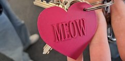 Ein roter Schlüsselanhänger in Herzform mit der Aufschrift Meow 