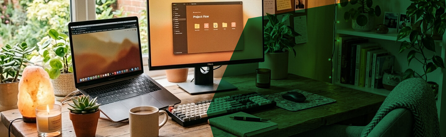 Projekte der bfz Header: Gemütlicher Homeoffice-Arbeitsplatz mit Laptop, Monitor, Tastatur und Pflanzen auf einem Schreibtisch.