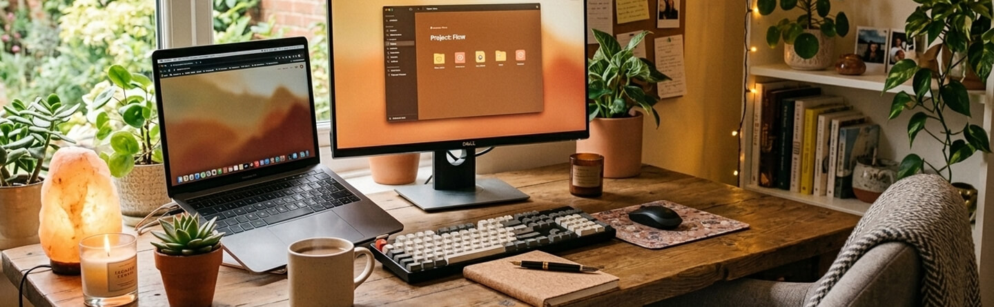 Header: Gemütlicher Homeoffice-Arbeitsplatz mit Laptop, Monitor, Tastatur und Pflanzen auf einem Schreibtisch.