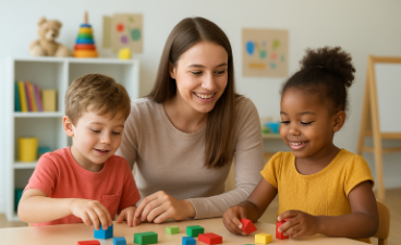 Kinder und eine Betreuungsperson sitzen an einem Tisch und spielen mit farbigen Holzbausteinen in einem hellen, freundlich eingerichteten Raum