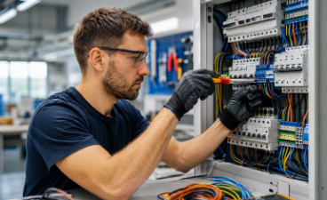 Person bei der Verdrahtung und Prüfung eines Schaltschranks mit elektrischen Komponenten und Steuerungstechnik.