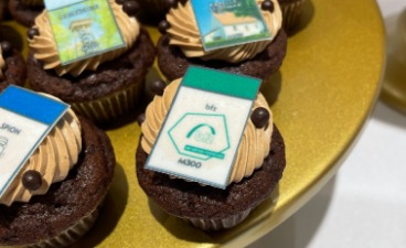 Ein Cupcake, welcher mit dem Spielfeld der bfz dekoriert wurde (Esspapier)