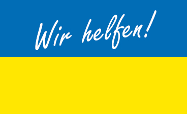 News- Bild: Ukrainische Flagge, auf welcher der Slogan "Wir helfen!" steht