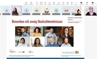 Ein virtueller Meeting-Bildschirm zeigt eine Präsentation mit dem Titel "Bewerben mit wenig Deutschkenntnissen". Im oberen Bereich sind Teilnehmer eines Videoanrufs zu sehen. 